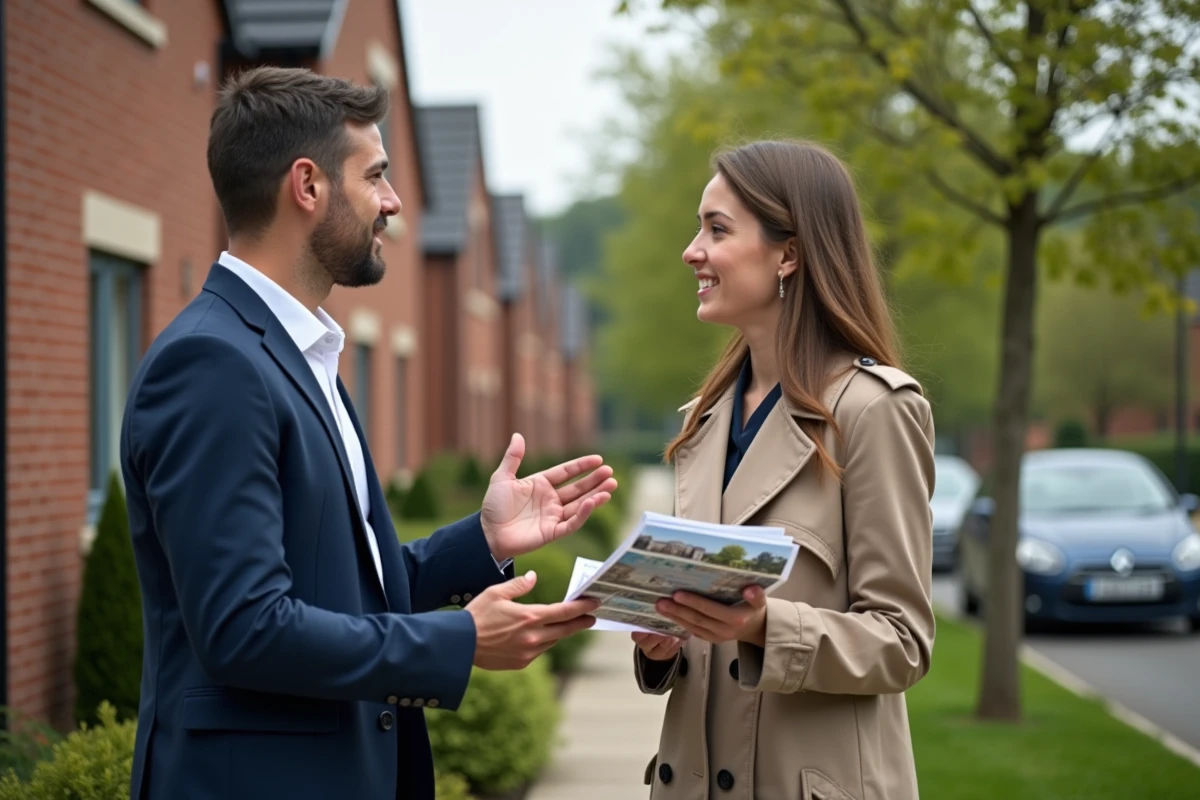 Agent immobilier présentant une maison contemporaine à une cliente dans un quartier résidentiel calme