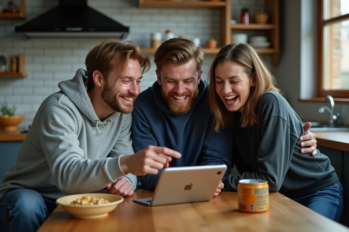 Groupe d'amis regardant un match de foot en streaming sur une tablette dans une cuisine lors d'une soirée décontractée