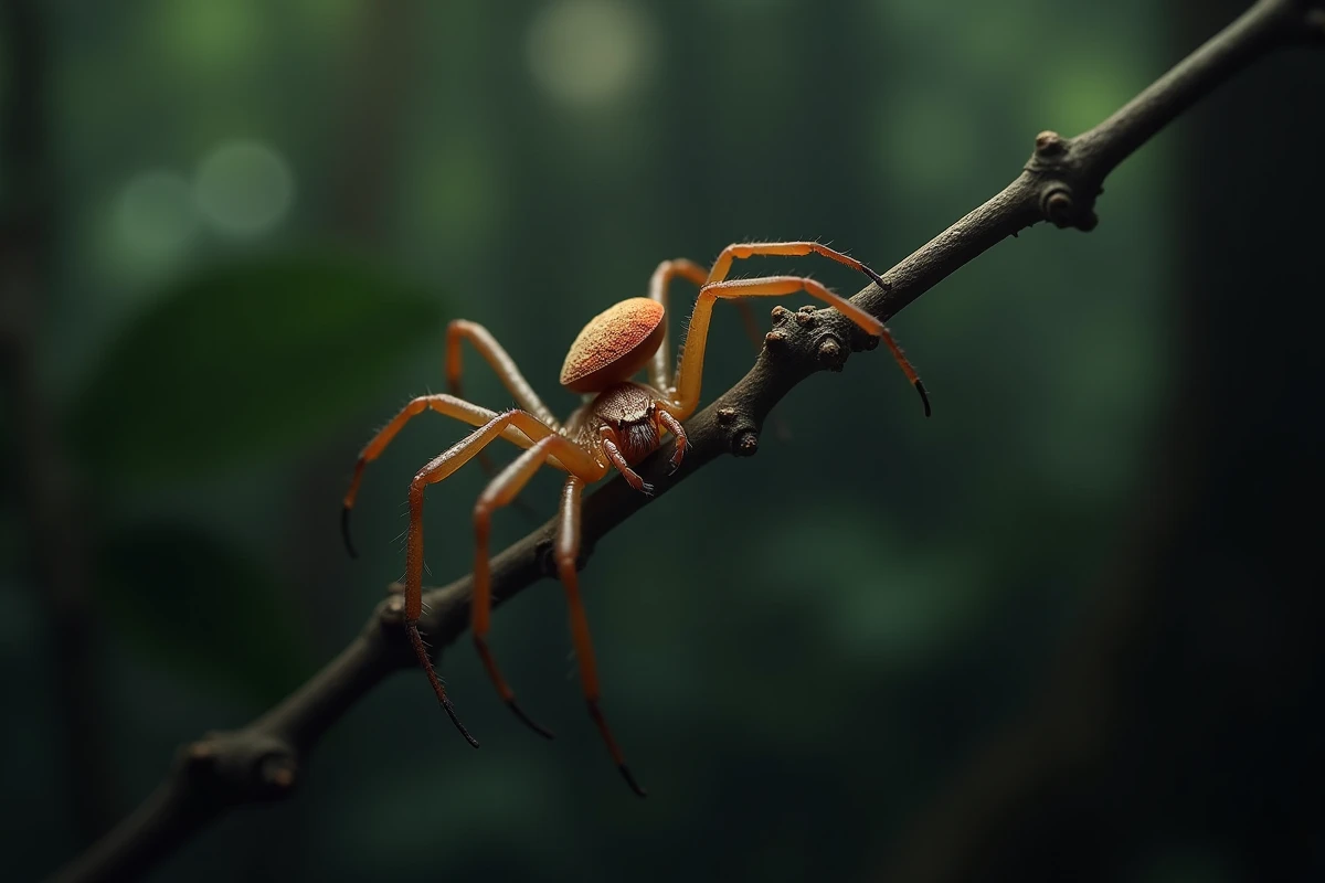 Araignée couteau en train de chasser sur une brindille en forêt tropicale avec ses pattes en mouvement et ses chélicères abaissées