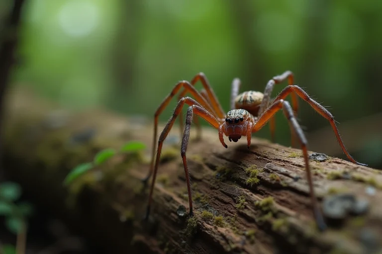 Araignée couteau Eriauchenius avec ses chélicères allongées caractéristiques sur une écorce de forêt tropicale de Madagascar