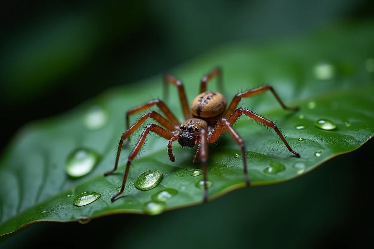 Araignée couteau vue de profil sur une feuille tropicale humide montrant son cou allongé et ses chélicères caractéristiques