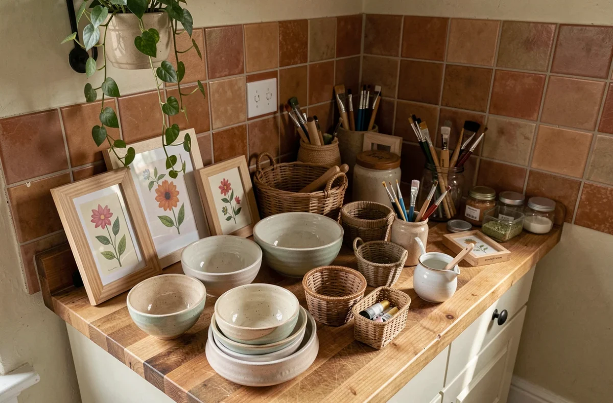 Table de création artisanale avec céramiques, cadres fleuris et paniers tressés dans une cuisine décorée avec soin