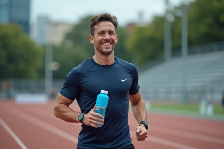 Athlète masculin buvant une bouteille de Powerade après un entraînement sur une piste d'athlétisme urbaine