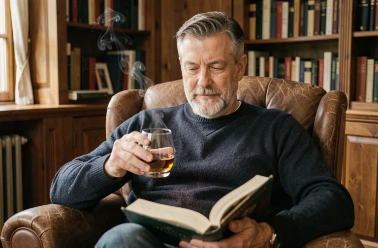 Homme d'âge mûr savourant un verre de whisky ambré dans une bibliothèque confortable, illustrant les bienfaits modérés du whisky pour la santé