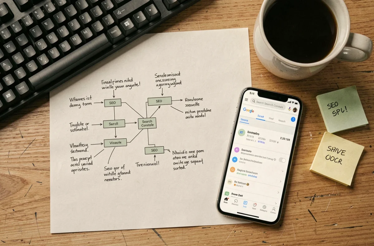 Vue aérienne d'un bureau avec un diagramme de sitemap imprimé, annotations SEO et interface Google Search Console sur smartphone