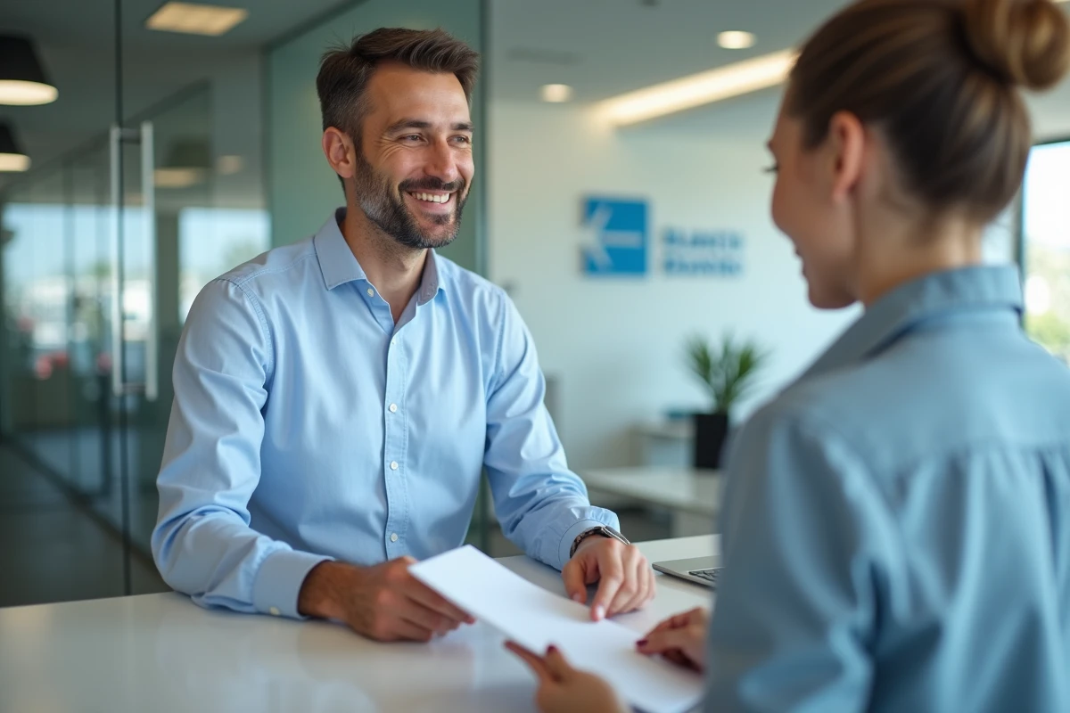 Homme remettant des documents administratifs à un conseiller dans une agence d'assurance lors d'un changement de contrat