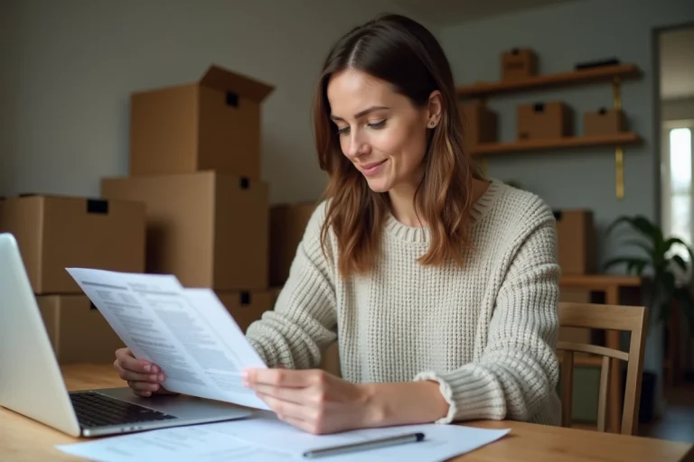 Femme consultant des documents d'assurance sur un ordinateur portable entourée de cartons de déménagement dans un appartement