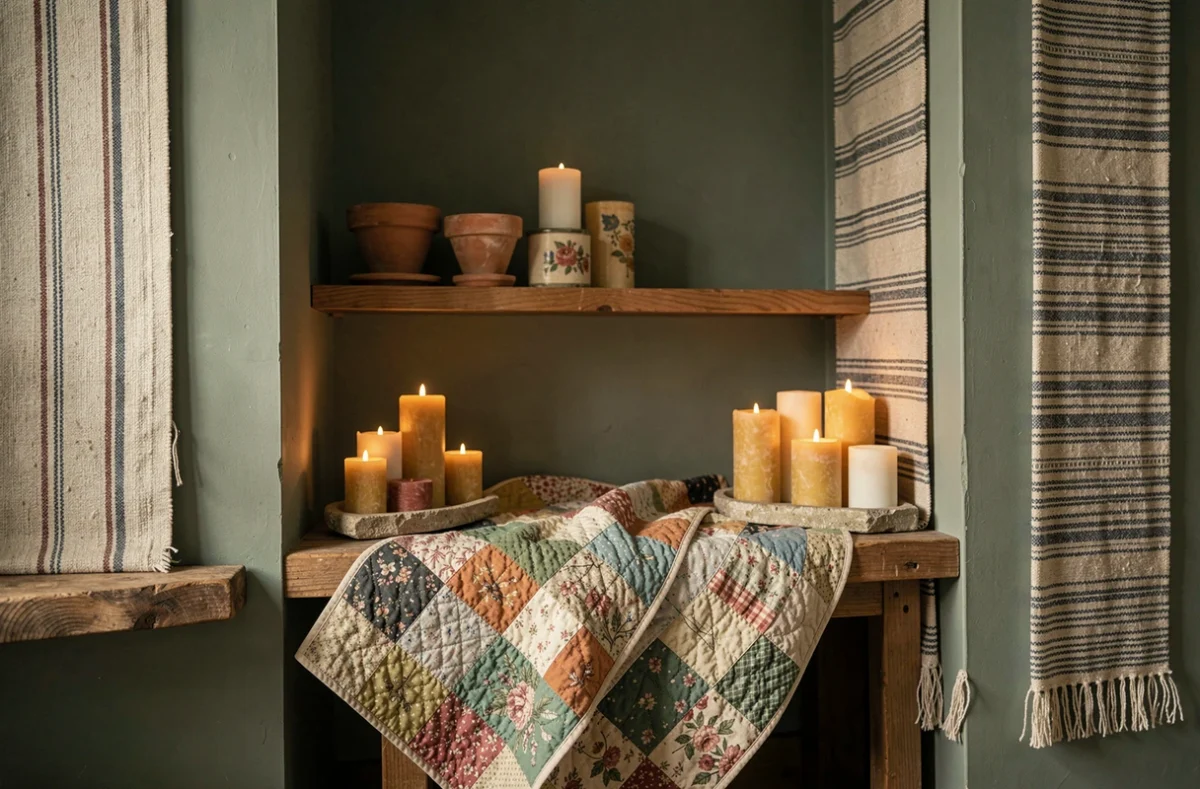 Coin lecture cosy aménagé avec un plaid en patchwork, des bougies cires d'abeilles et des pots en terre cuite peints à la main