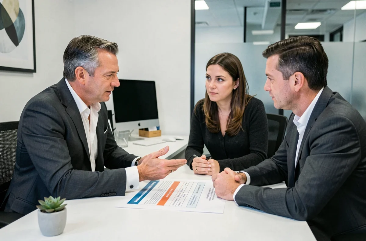 Conseiller en assurance santé expliquant les garanties d'une mutuelle familiale à un couple dans un bureau professionnel