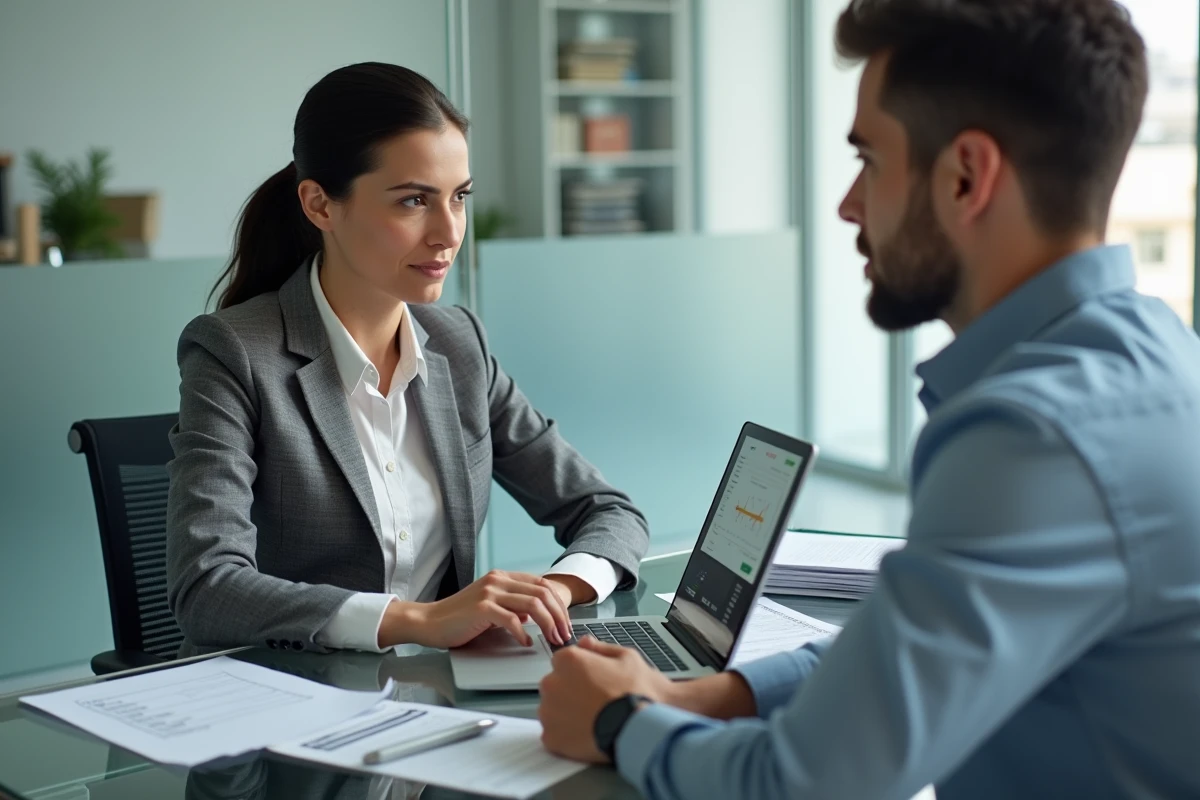 Conseillère financière et client analysant un plan de financement immobilier sur ordinateur dans un bureau moderne