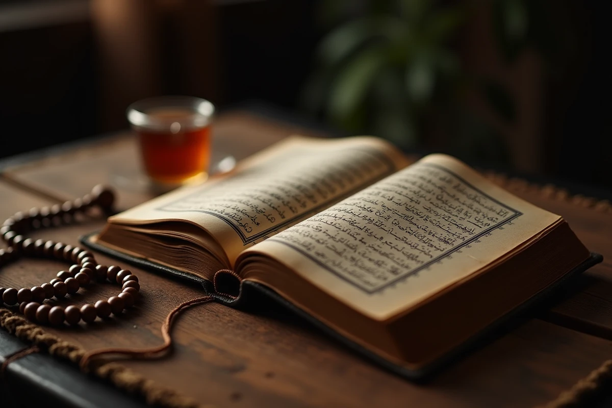 Coran ouvert sur la sourate Al Mulk avec chapelet et thé, représentation de la récitation vespérale islamique