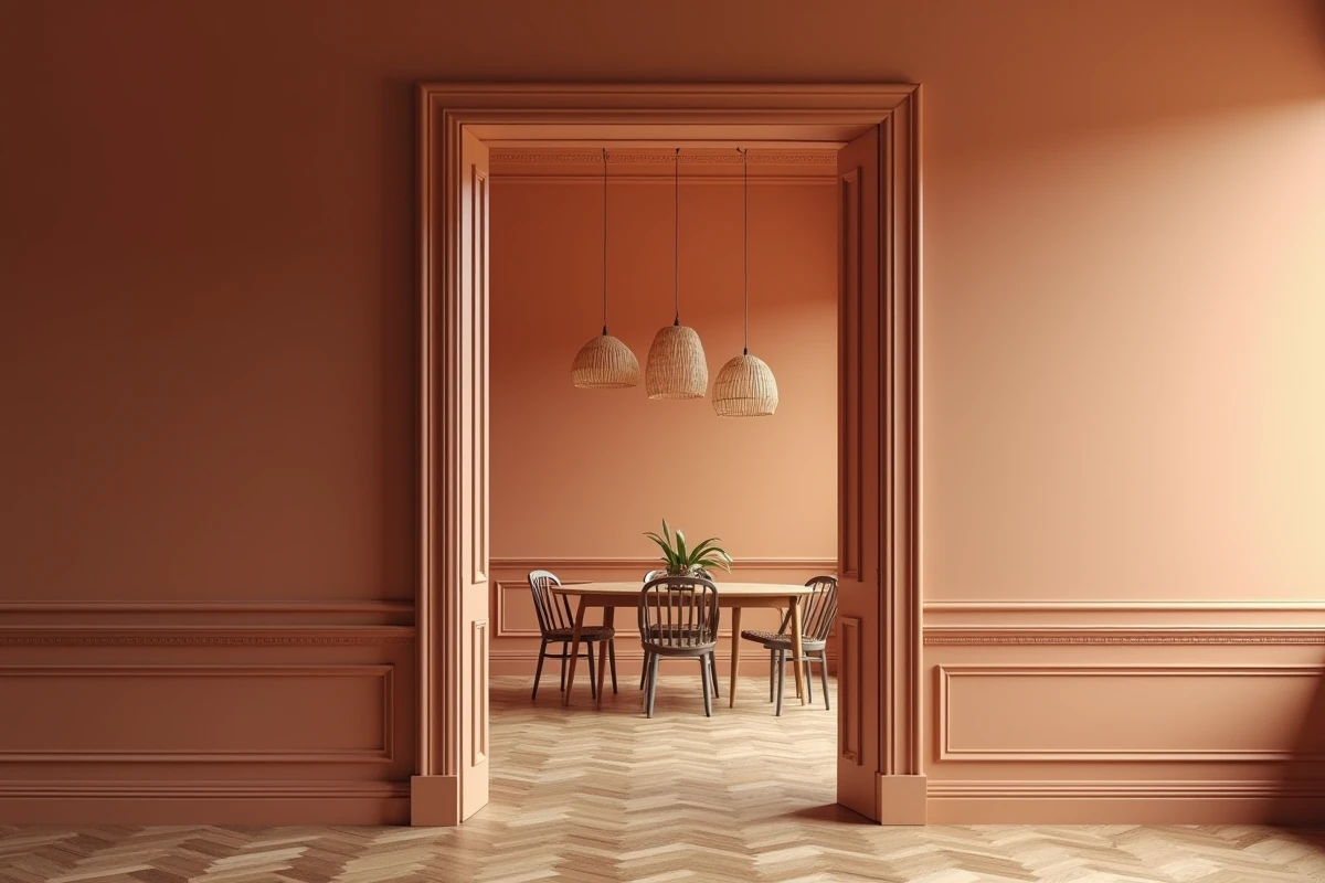 Deux pièces adjacentes peintes dans des couleurs naturelles différenciées — terracotta et argile douce — visibles à travers une porte ouverte avec parquet en chevrons