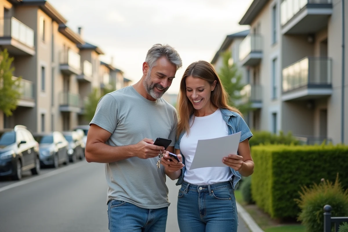 Couple devant leur nouveau logement tenant des clés et consultant un smartphone après un déménagement et un changement d'assurance