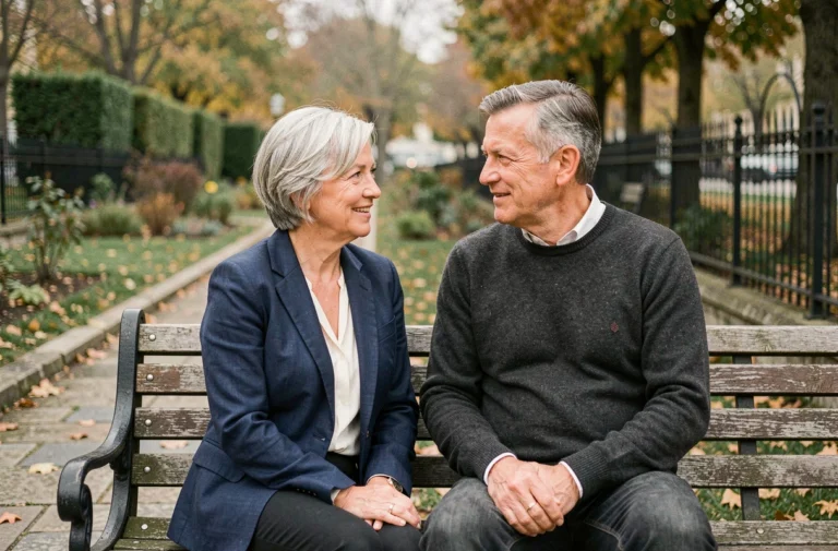 Couple de journalistes matures partageant un moment complice dans un jardin parisien à l'automne