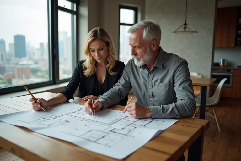 Couple de professionnels examinant des plans immobiliers et des documents de projet sur une table en bois dans un appartement moderne