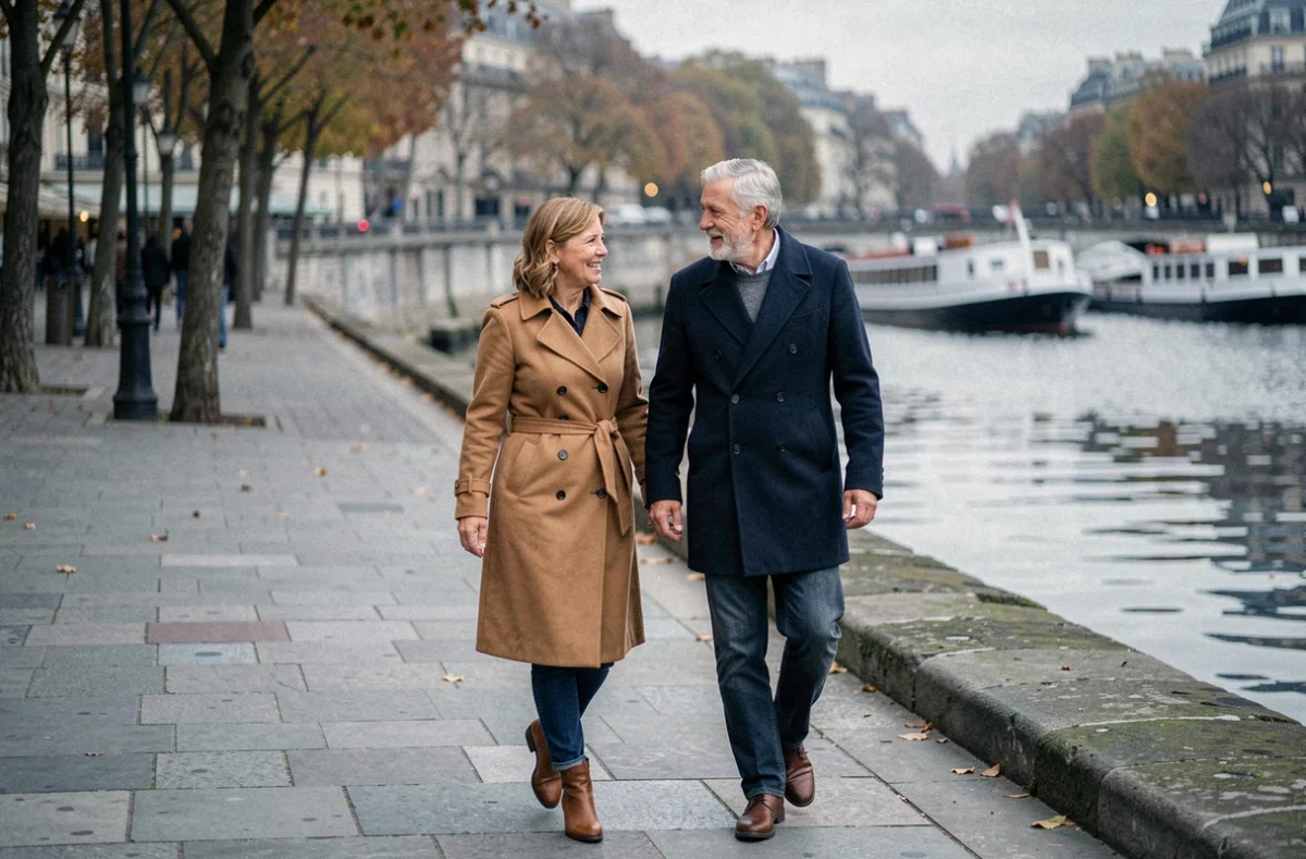Couple élégant se promenant au bord de la Seine à Paris dans une atmosphère intimiste et authentique
