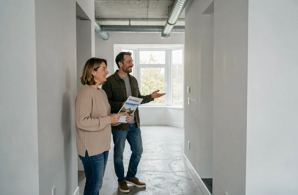 Couple visitant un appartement vide avec une brochure immobilière lors d'une visite guidée personnalisée