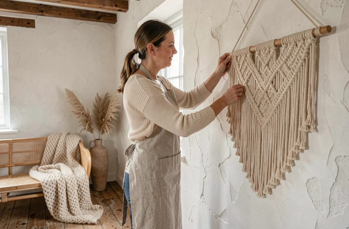 Femme installant une suspension murale en macramé fait main dans un salon au style scandinave chaleureux