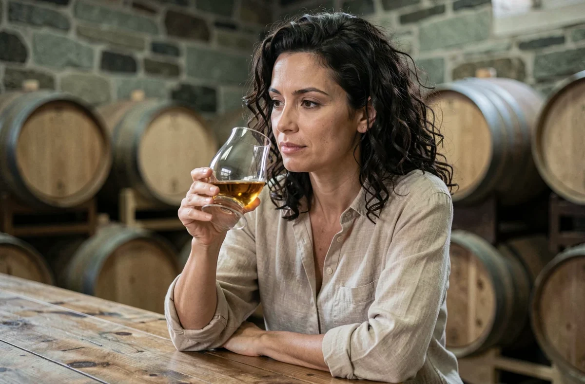 Femme dégustant du whisky dans une salle de dégustation de distillerie artisanale, explorant les effets positifs insoupçonnés du whisky