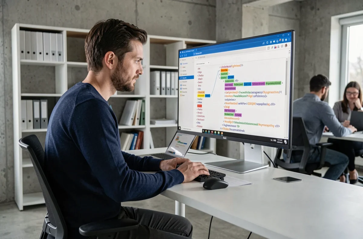 Développeur web analysant un sitemap XML structuré sur un grand écran dans un bureau B2B moderne