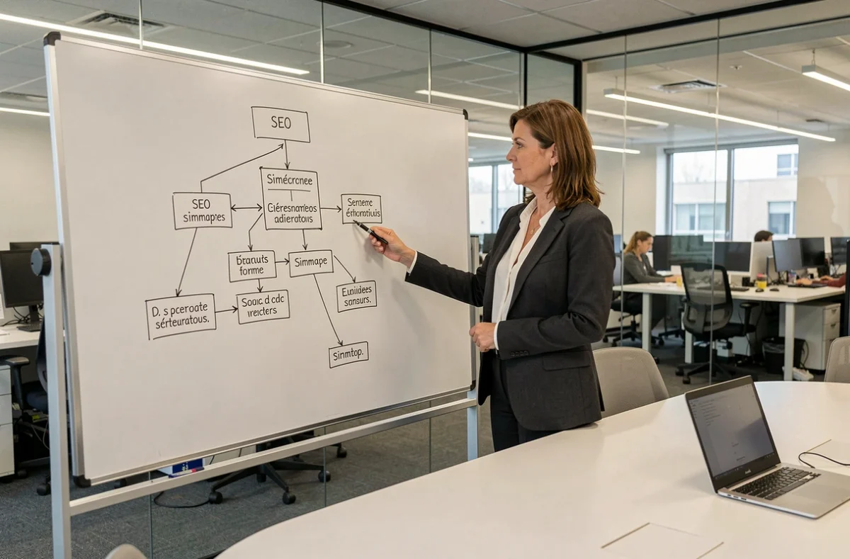 Directrice marketing B2B présentant une architecture de site web et stratégie de sitemap sur un tableau blanc en salle de réunion