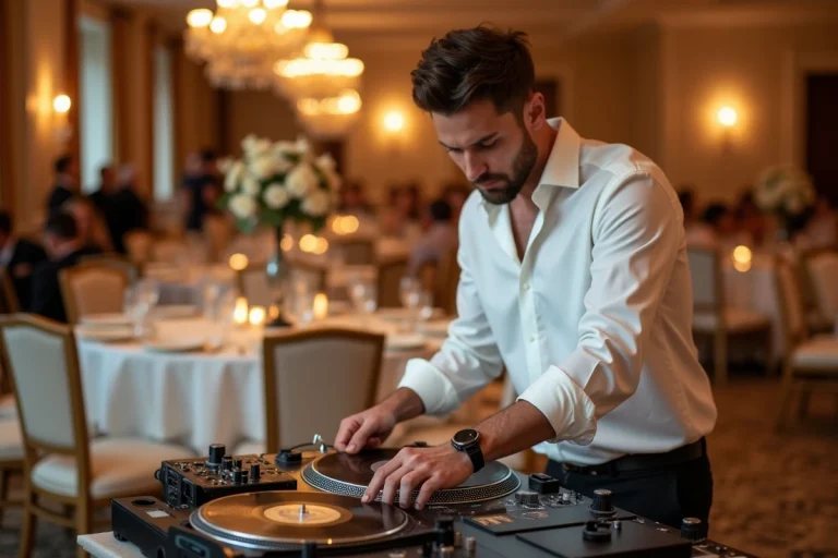 DJ de mariage concentré sur sa platine vinyle dans une salle de réception décorée pour un mariage élégant