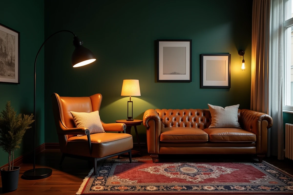 Salon avec éclairages d'appoint stratégiques incluant un lampadaire arc en noir mat, une lampe de table et une applique murale en lin, remplaçant le plafonnier central