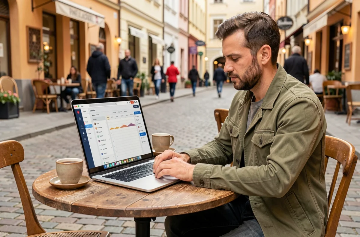Entrepreneur travaillant sur une stratégie de présence en ligne depuis une terrasse de café en ville