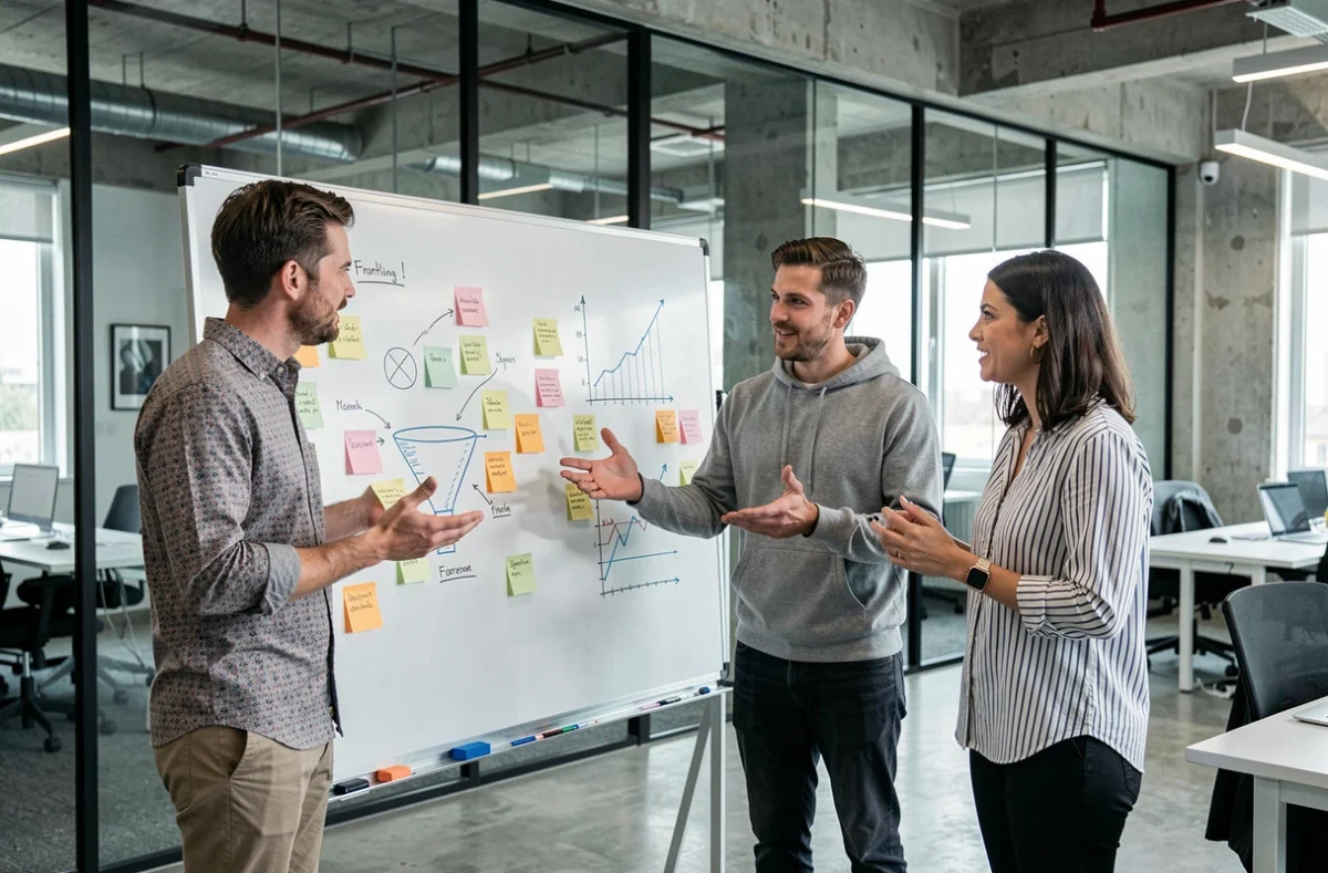 Équipe de professionnels en réunion brainstorming autour d'un tableau blanc pour une stratégie marketing innovante