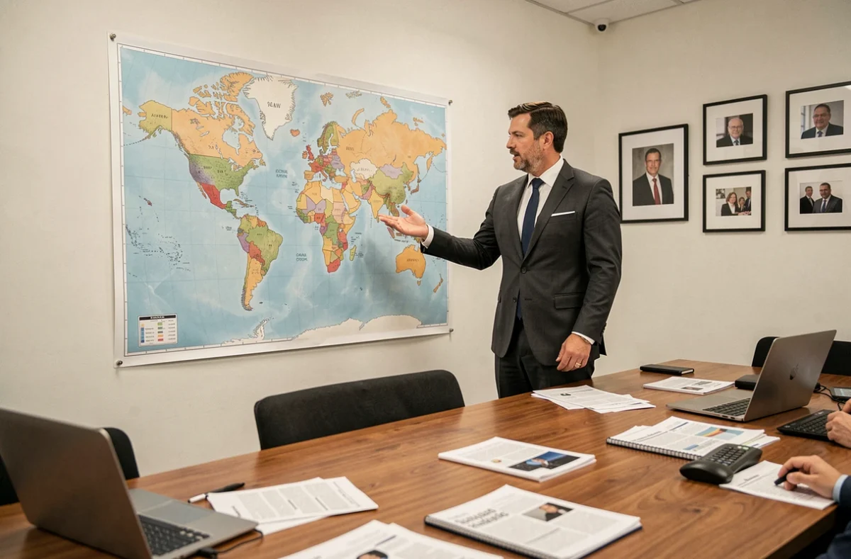 Expert en géopolitique présentant une analyse de l'actualité mondiale devant une carte du monde