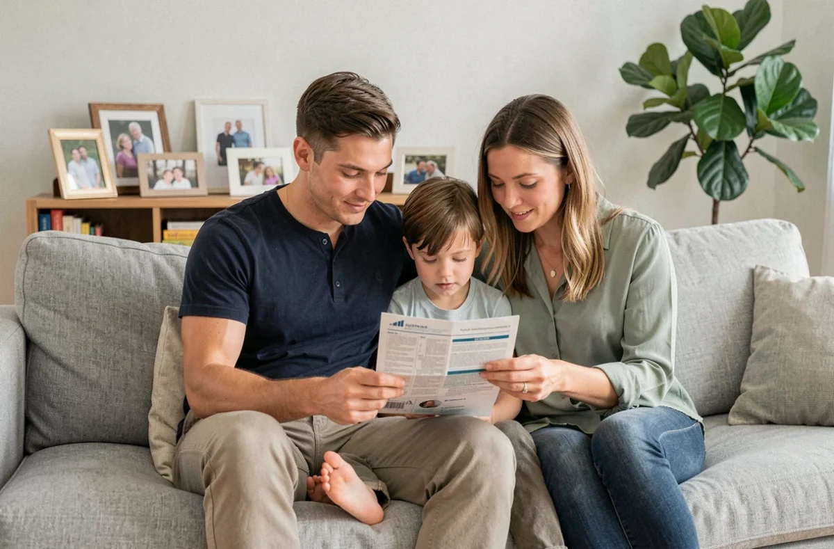 Famille de quatre personnes réunie sur un canapé pour choisir ensemble leur mutuelle santé en 2024