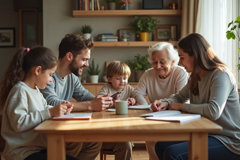 Famille multigenerations autour d'une table en intérieur