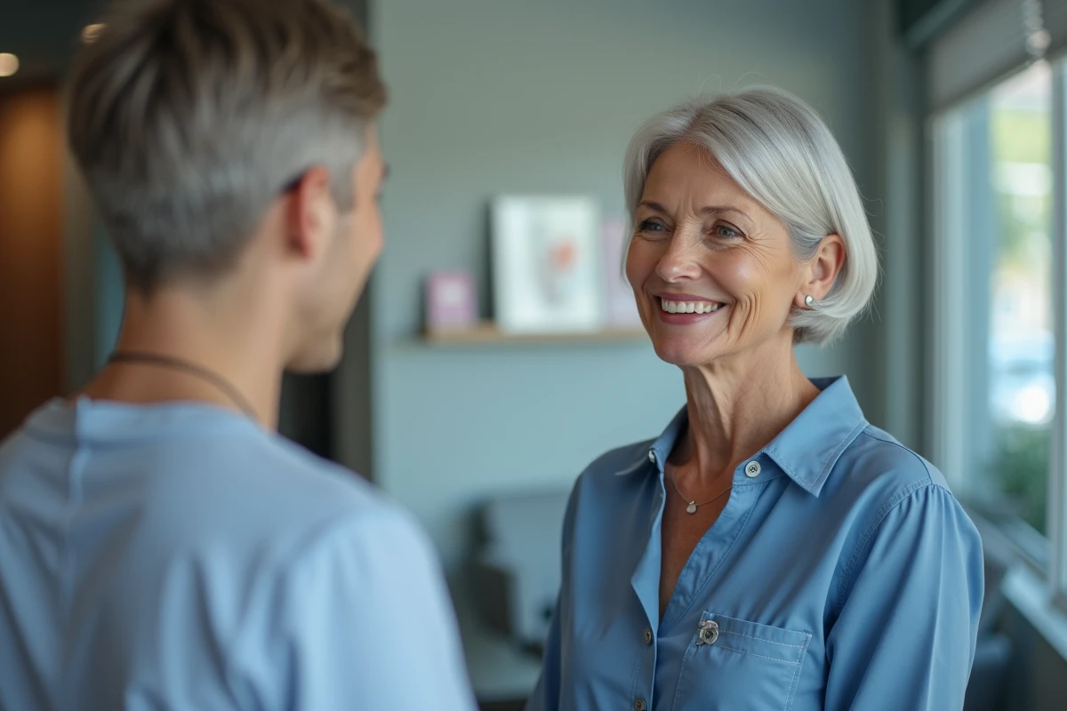 Femme souriante parlant avec un professionnel en clinique d