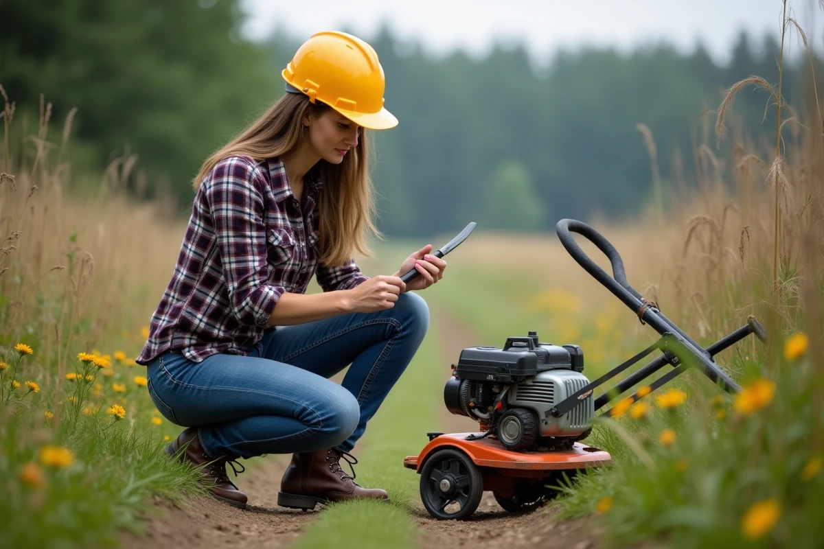 Femme examine une lame de coupe-baille dans un champ