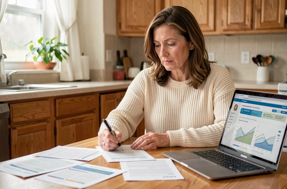 Femme en train de comparer des offres de mutuelle santé familiale à la table de sa cuisine avec des documents imprimés et un ordinateur portable