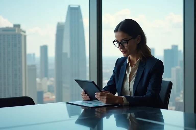 Femme confiante en costume regardant des graphiques en bureau moderne