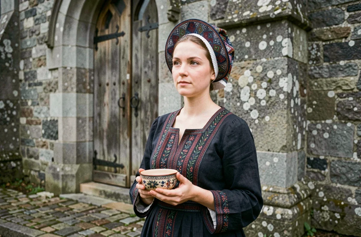 Femme en costume traditionnel breton devant une église en granit, patrimoine culturel de Bretagne