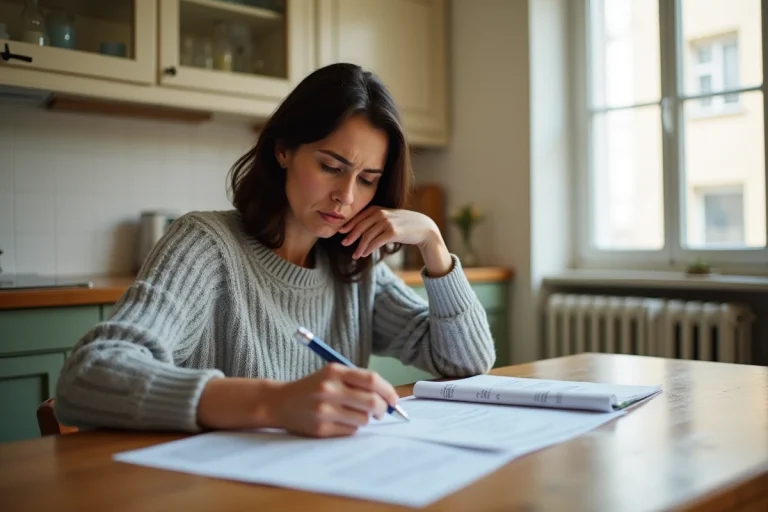 Femme consultant des documents de contrat EDF à résilier par erreur à la table de sa cuisine