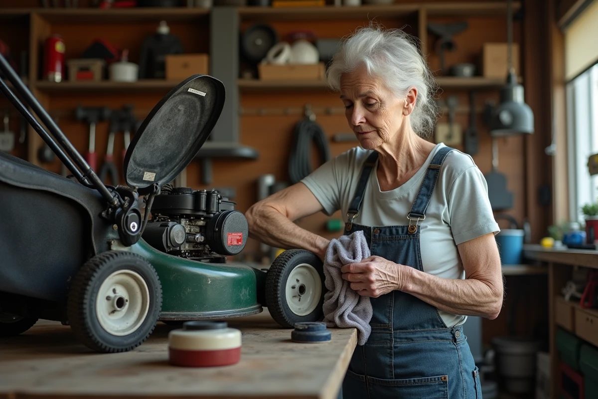 Femme nettoie filtre de tondeuse dans le garage