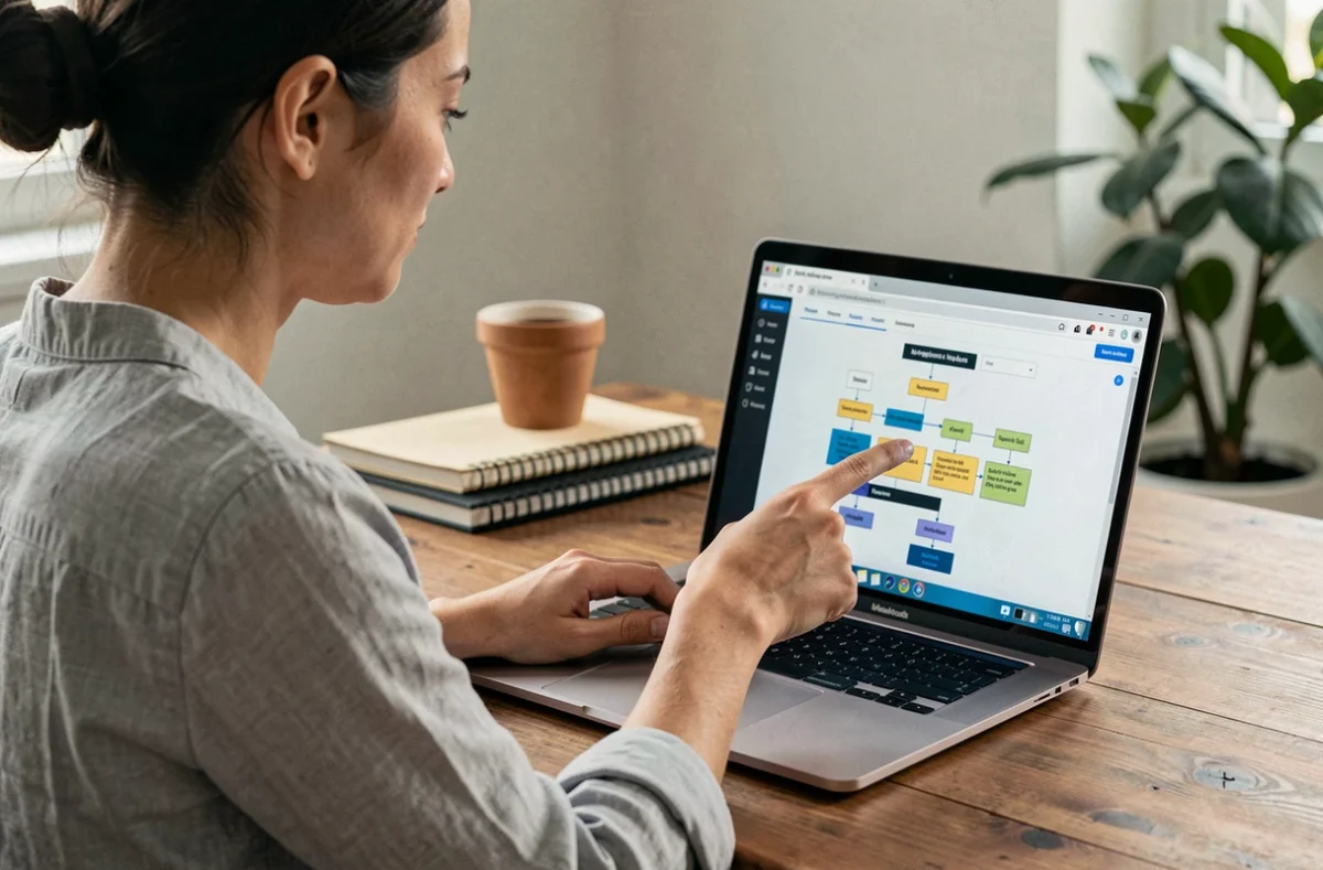 Femme explorant le plan du site Pingoo sur un ordinateur portable dans un bureau à domicile