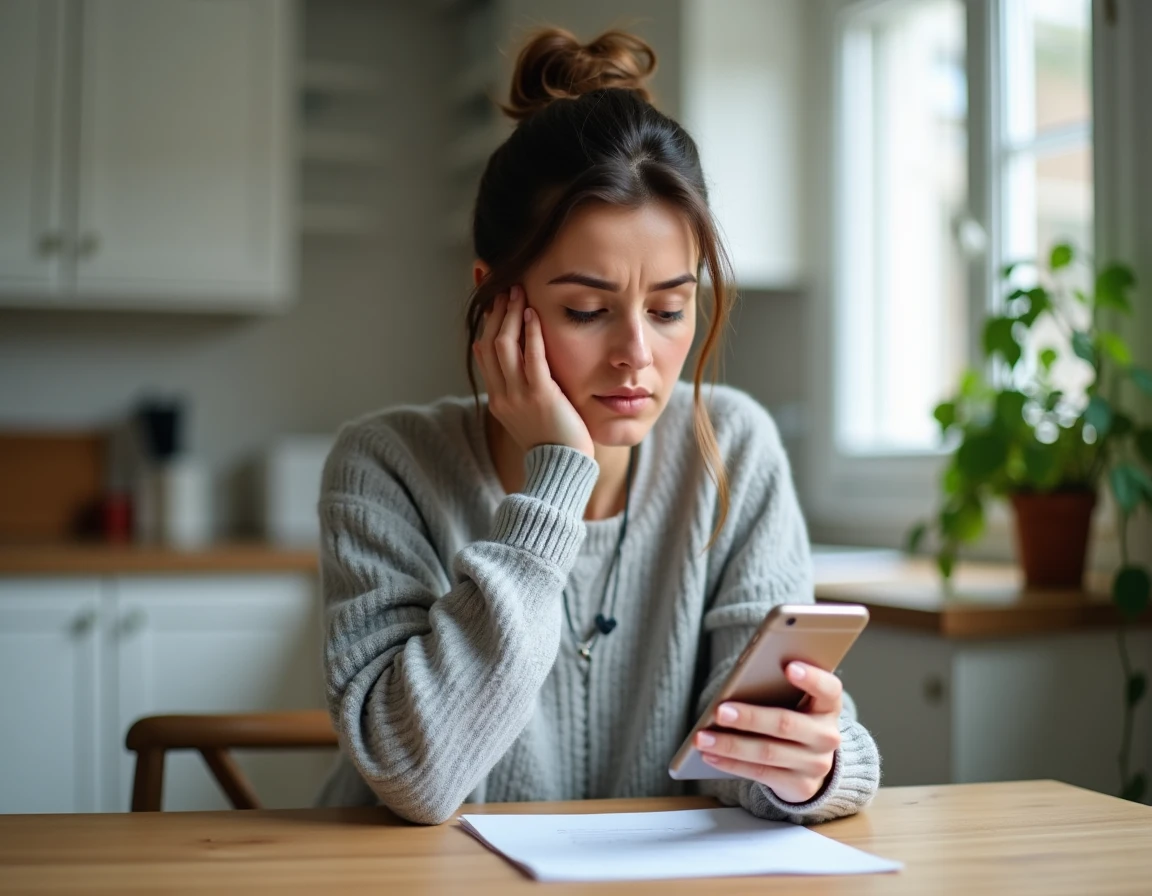 Femme consultant son téléphone et un document pour justifier une absence à France Travail