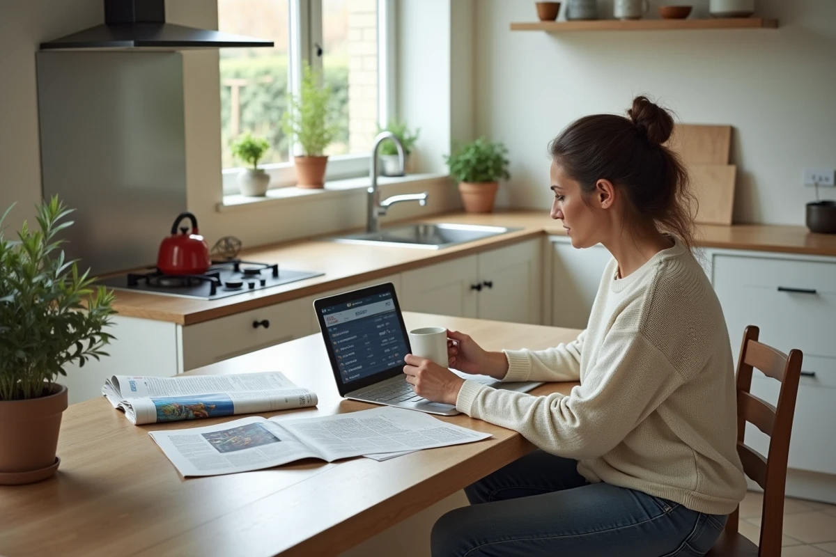 Femme regardant le programme de tennis dans la cuisine