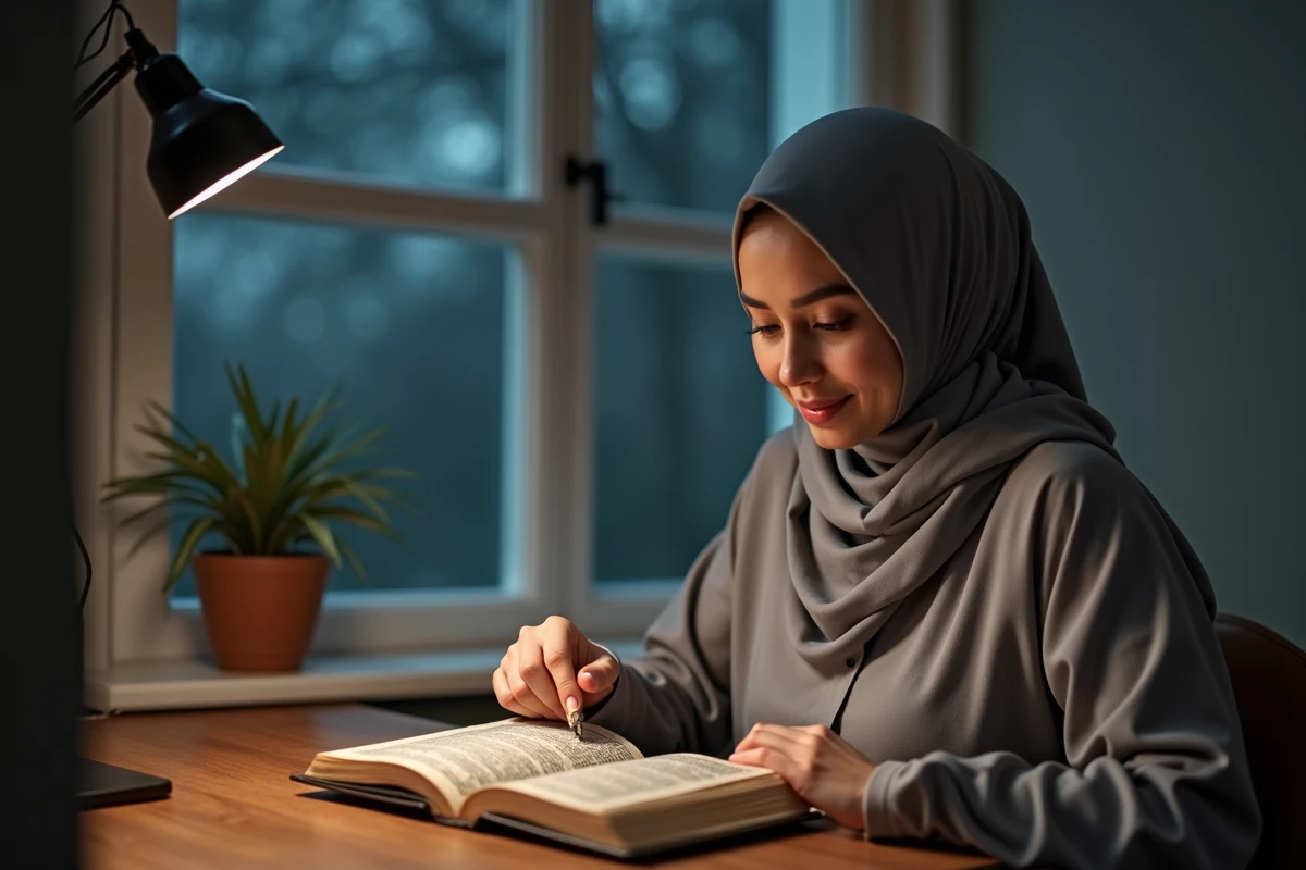 Femme lisant le Coran le soir près d'une fenêtre, pratique de la récitation de sourate Al Mulk avant de dormir