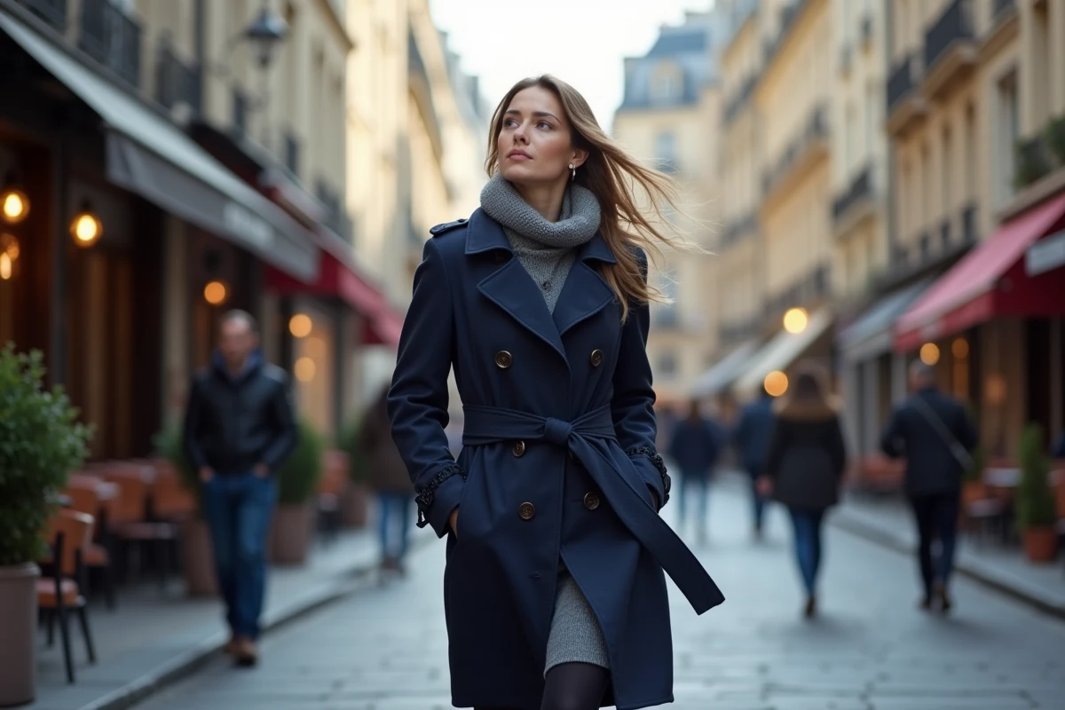 Femme marche dans une rue parisienne en trench