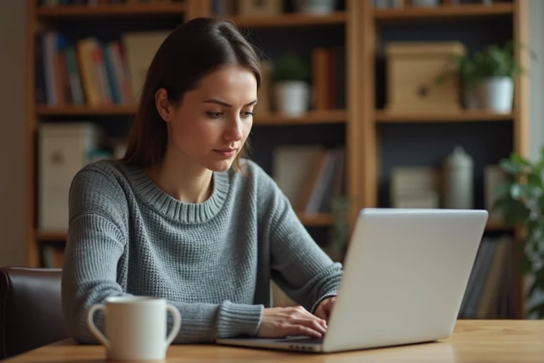 Femme consultant des avis en ligne sur un site e-commerce avant d'effectuer un achat, expression dubitative devant son écran