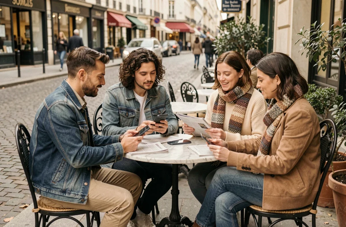 Groupe de personnes discutant de l'actualité nationale et internationale autour d'un café en terrasse