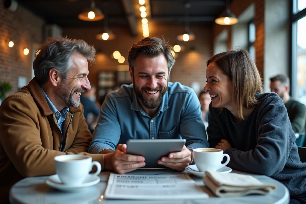 Groupe de supporters discutant des actualités du forum OLweb autour d'une tablette dans un café urbain