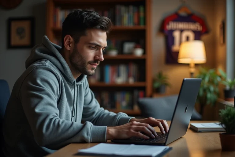 Homme consultant le forum OLweb sur son ordinateur portable dans un bureau à domicile entouré de souvenirs sportifs