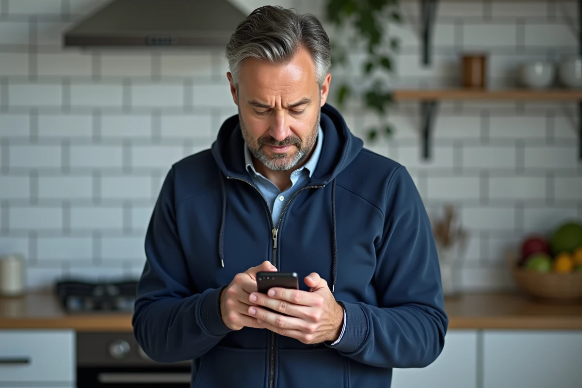 Homme vérifiant la fiabilité d'un site de vente en ligne sur son smartphone avant de finaliser une commande