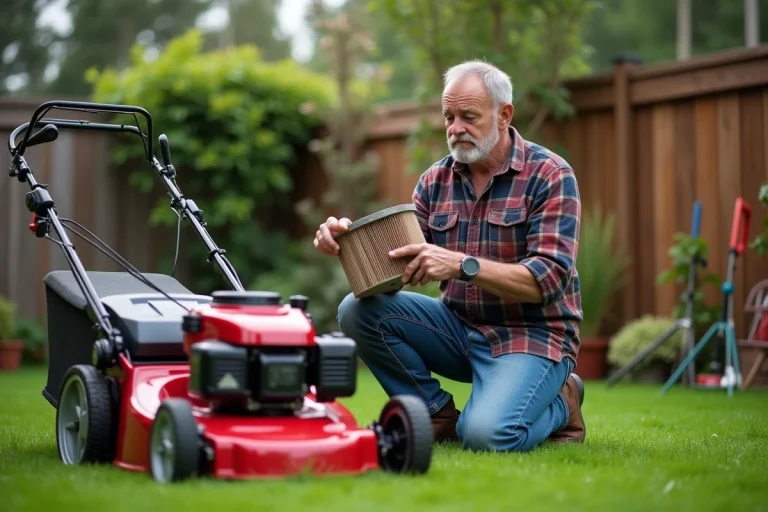 Homme examine filtre à air de tondeuse dans le jardin